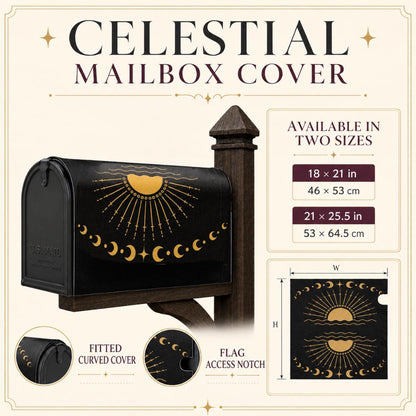 Black and Gold Celestial Mailbox Cover | Magnetic Sun Moon Mailbox Wrap | Witchy Whimsigoth Outdoor Decor | Standard Size Mailbox