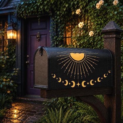 Black and Gold Celestial Mailbox Cover | Magnetic Sun Moon Mailbox Wrap | Witchy Whimsigoth Outdoor Decor | Standard Size Mailbox