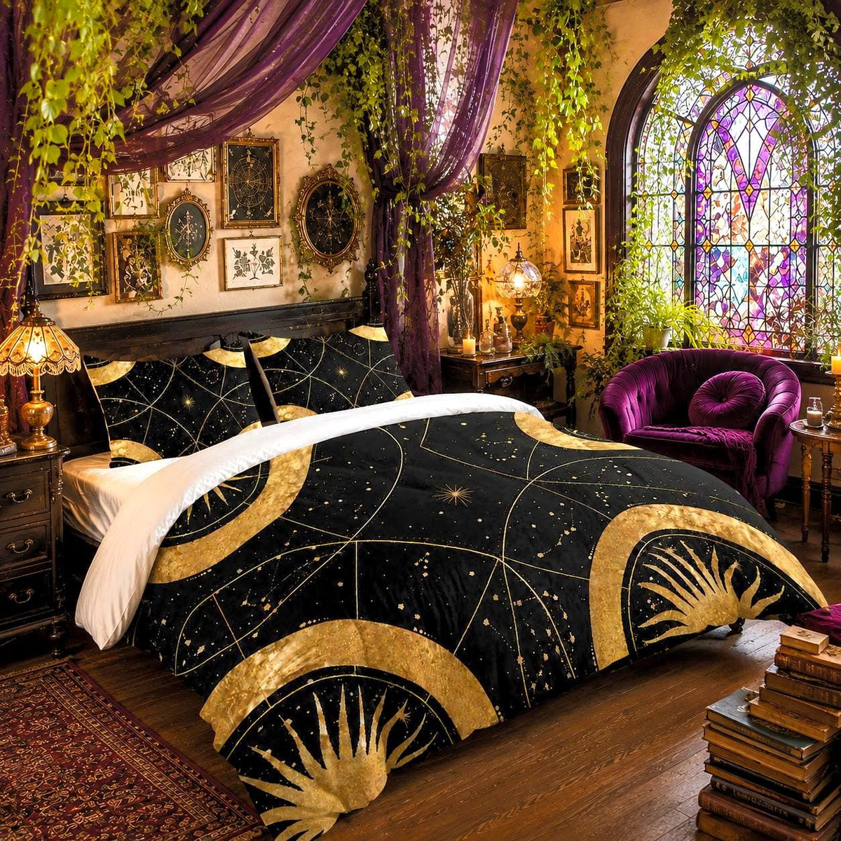May include: A black and gold celestial-themed comforter set featuring large sun motifs, geometric lines, and scattered star patterns. The bedding is displayed on a bed frame with matching pillows, set against a room with purple curtains.