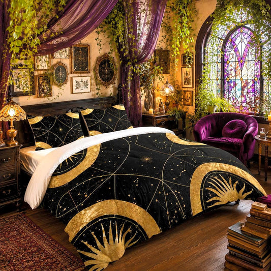 May include: A black and gold celestial-themed comforter set featuring large sun motifs, geometric lines, and scattered star patterns. The bedding is displayed on a bed frame with matching pillows, set against a room with purple curtains.