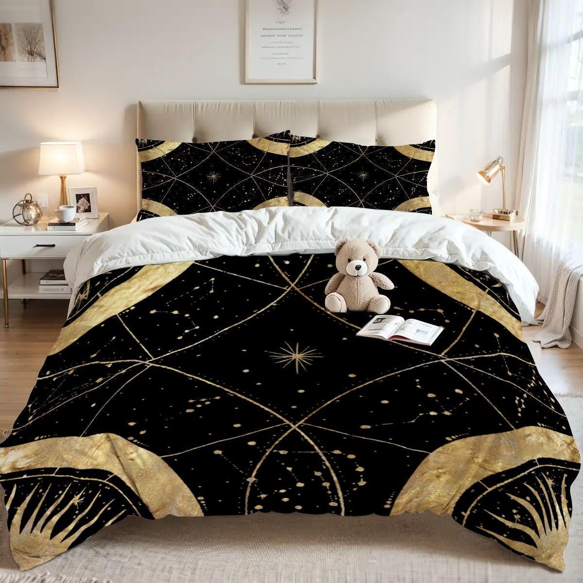 Black and Gold Celestial Queen Size Duvet Set | Whimsigoth Bedding | Witchy Moon Star Queen Comforter Cover | Gothic Bedroom Decor