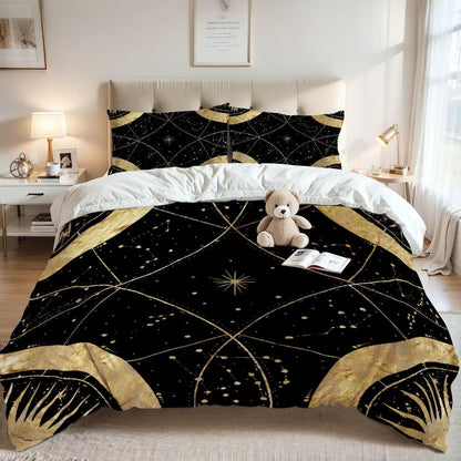 Black and Gold Celestial Queen Size Duvet Set | Whimsigoth Bedding | Witchy Moon Star Queen Comforter Cover | Gothic Bedroom Decor