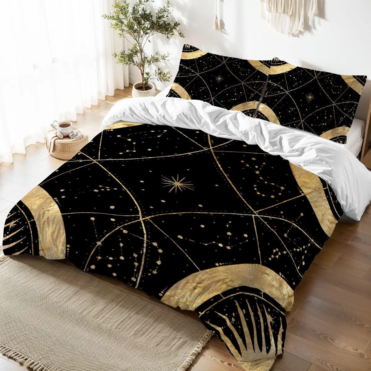 Black and Gold Celestial Queen Size Duvet Set | Whimsigoth Bedding | Witchy Moon Star Queen Comforter Cover | Gothic Bedroom Decor