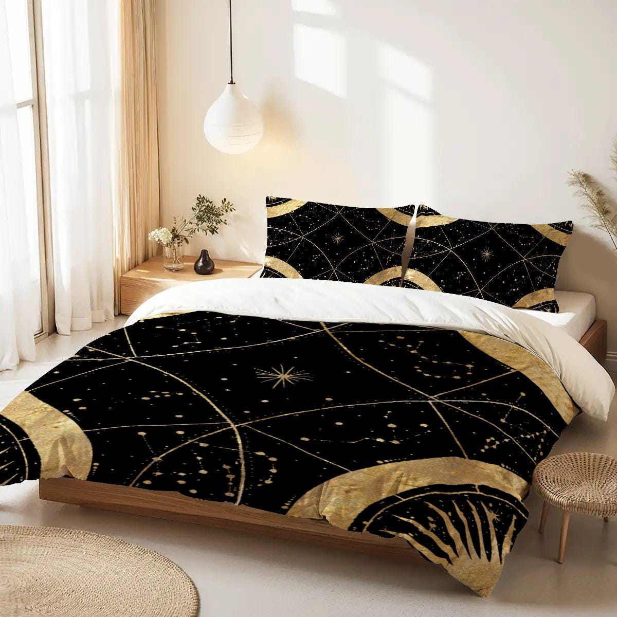 Black and Gold Celestial Queen Size Duvet Set | Whimsigoth Bedding | Witchy Moon Star Queen Comforter Cover | Gothic Bedroom Decor
