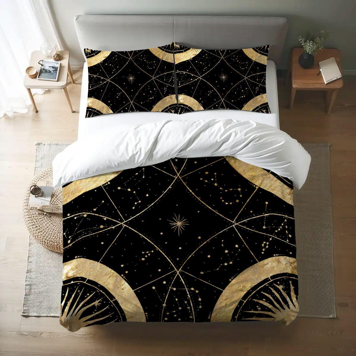 Black and Gold Celestial Queen Size Duvet Set | Whimsigoth Bedding | Witchy Moon Star Queen Comforter Cover | Gothic Bedroom Decor
