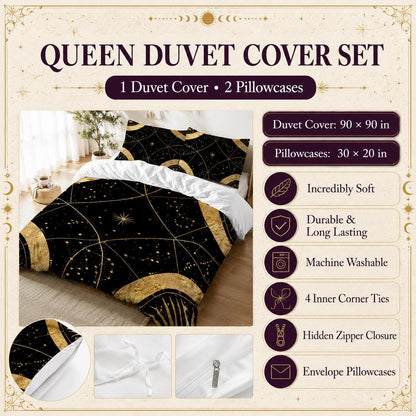 May include: A Queen duvet cover set featuring a black and gold celestial pattern with stars and constellations. Includes one 90 x 90 inch duvet cover and two 30 x 20 inch pillowcases. Features include inner corner ties, a hidden zipper, and envelope closures.