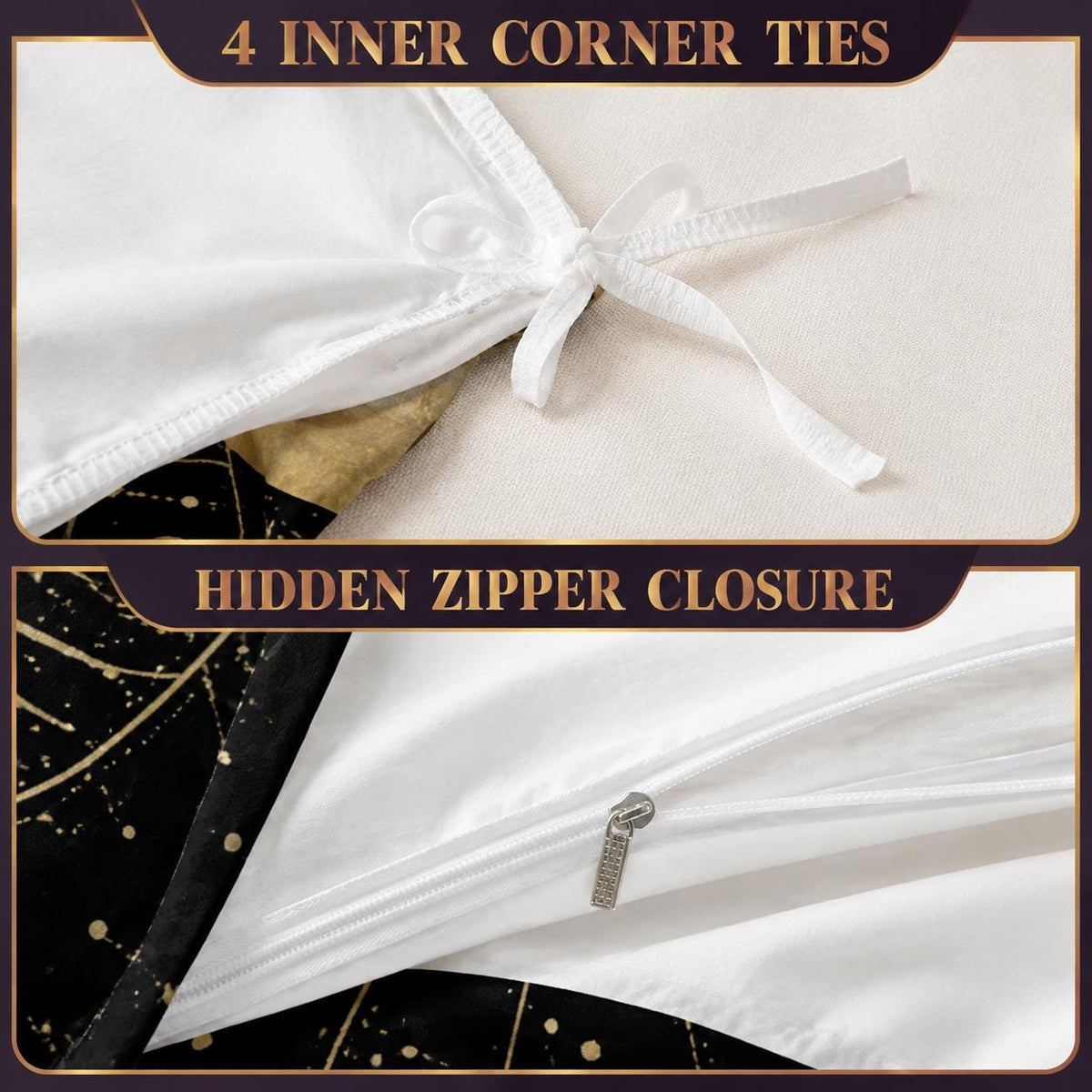 May include: A white duvet cover featuring four inner corner ties for securing a comforter and a hidden zipper closure. The fabric displays a black and gold pattern with geometric lines and speckles. The text 4 INNER CORNER TIES and HIDDEN ZIPPER CLOSURE is visible.