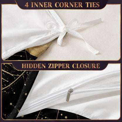 May include: A white duvet cover featuring four inner corner ties for securing a comforter and a hidden zipper closure. The fabric displays a black and gold pattern with geometric lines and speckles. The text 4 INNER CORNER TIES and HIDDEN ZIPPER CLOSURE is visible.