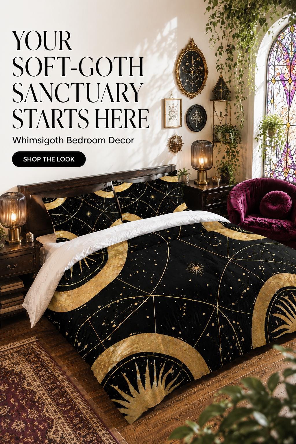 May include: A black duvet cover and pillowcase set featuring a gold celestial pattern of suns, moons, and stars. The bedding is displayed on a bed with a dark wood headboard. Text on the image reads: YOUR SOFT-GOTH SANCTUARY STARTS HERE Whimsigoth Bedroom Decor SHOP THE LOOK.