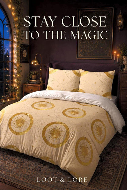 May include: A bedding set featuring a cream-colored duvet cover and two matching pillowcases with a gold celestial sun and star pattern. The text STAY CLOSE TO THE MAGIC and LOOT &amp; LORE is printed on the image. The fabric has a white underside.