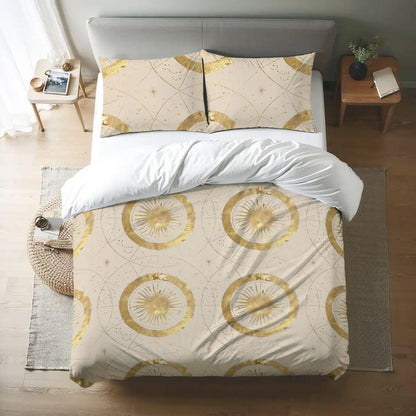 Golden Celestial Duvet Cover Set | Queen Size Duvet Set | Whimsigoth Bedding | Witchy Moon Star Queen Comforter Cover