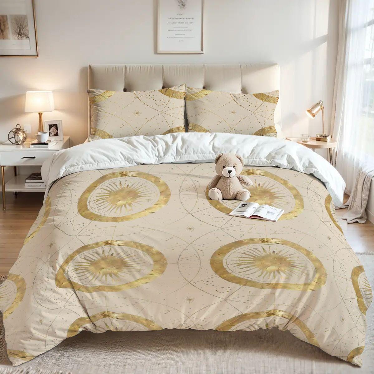 Golden Celestial Duvet Cover Set | Queen Size Duvet Set | Whimsigoth Bedding | Witchy Moon Star Queen Comforter Cover