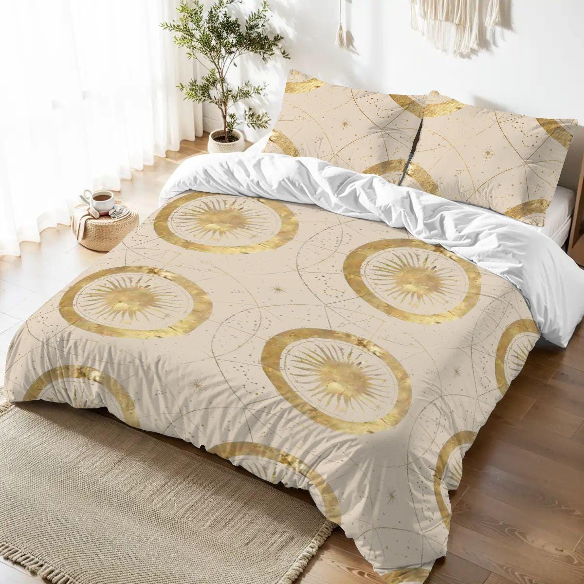 Golden Celestial Duvet Cover Set | Queen Size Duvet Set | Whimsigoth Bedding | Witchy Moon Star Queen Comforter Cover