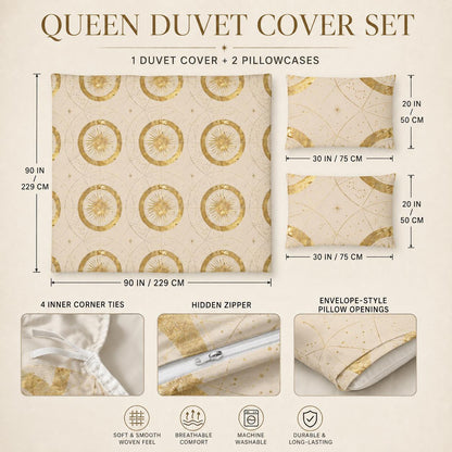 May include: A queen duvet cover set featuring a cream background with a gold celestial sun and star pattern. Includes one 90 by 90 inch duvet cover and two 20 by 30 inch pillowcases. Features four inner corner ties, a hidden zipper, and envelope-style pillow openings.