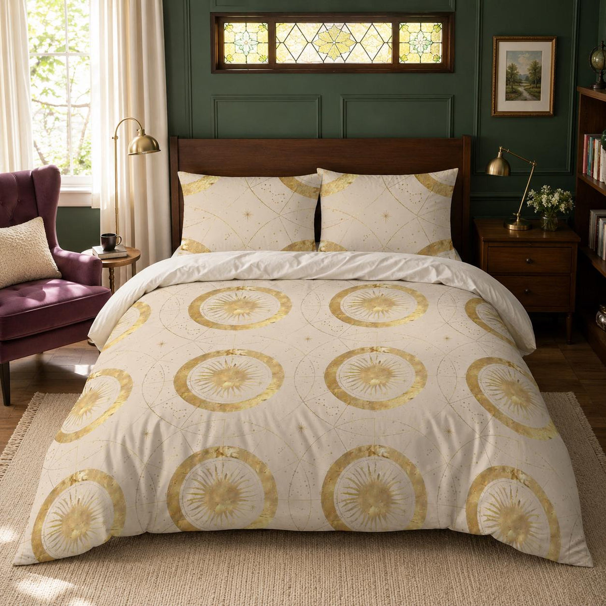 May include: A bedding set featuring a cream-colored duvet cover and two matching pillowcases decorated with a repeating pattern of gold sunbursts enclosed in circles, accented by thin gold lines and small star-like dots across the fabric.