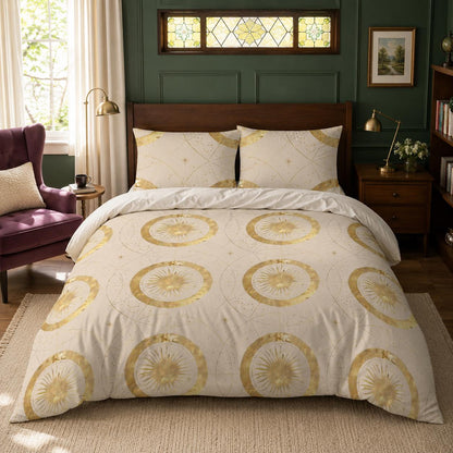 May include: A bedding set featuring a cream-colored duvet cover and two matching pillowcases decorated with a repeating pattern of gold sunbursts enclosed in circles, accented by thin gold lines and small star-like dots across the fabric.