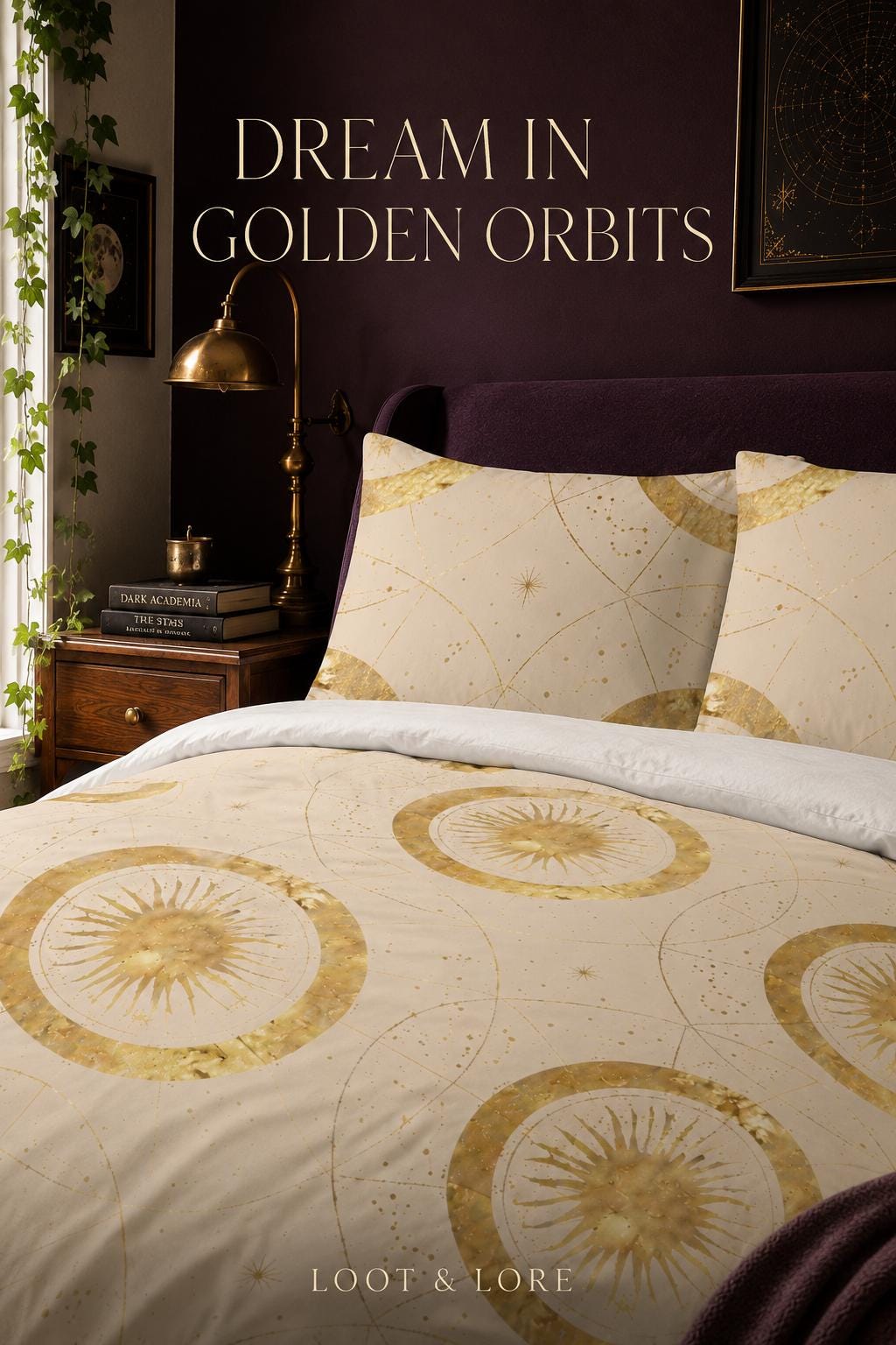 May include: A cream-colored duvet cover and two matching pillowcases featuring a repeating pattern of golden suns and celestial orbits. The text DREAM IN GOLDEN ORBITS is displayed at the top, and LOOT &amp; LORE is printed at the bottom.