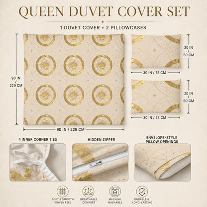 May include: A queen duvet cover set featuring a cream background with a gold celestial sun and star pattern. Includes one 90 by 90 inch duvet cover and two 20 by 30 inch pillowcases. Features four inner corner ties, a hidden zipper, and envelope-style pillow openings.