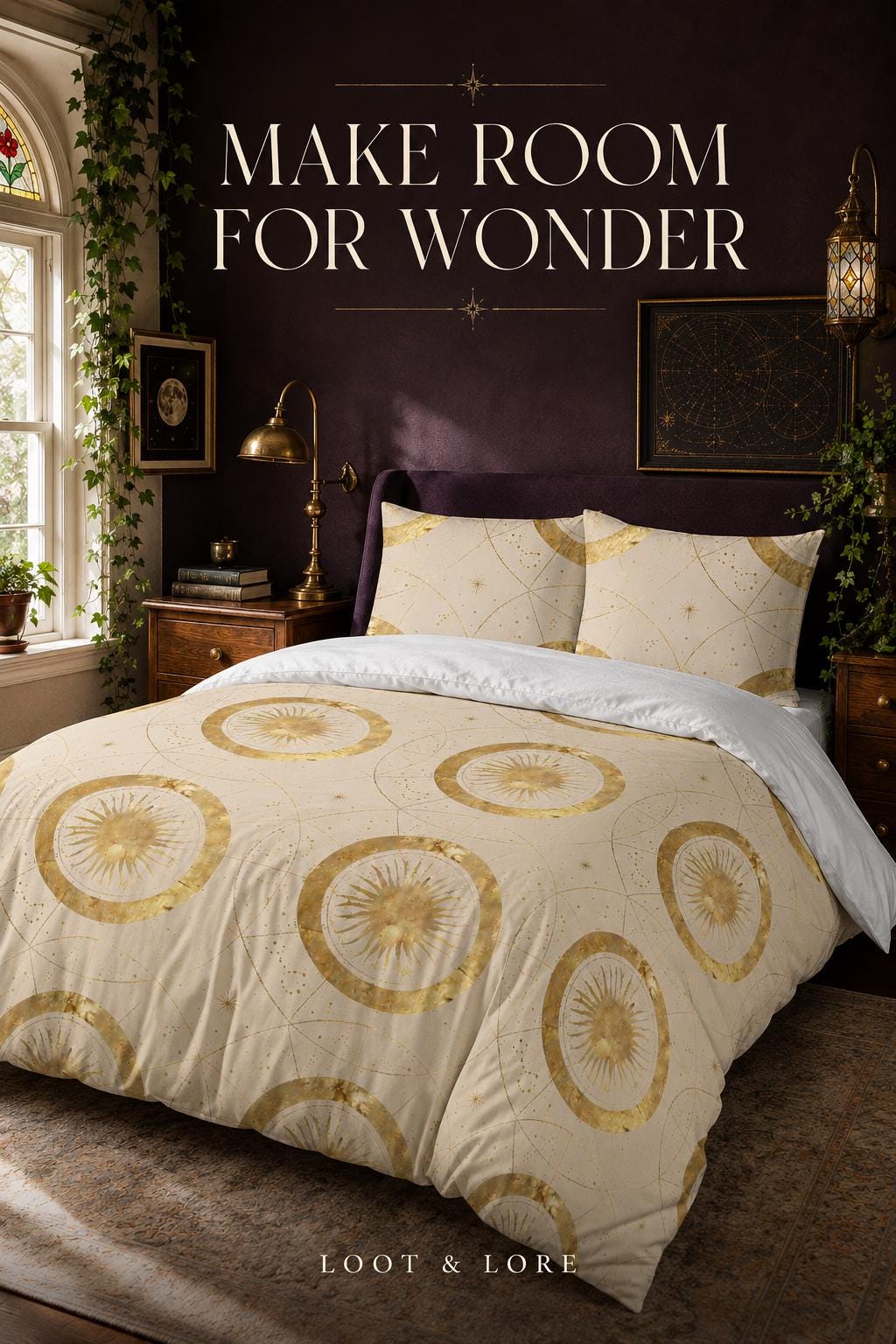 May include: A cream-colored duvet cover and two matching pillowcases featuring a repeating gold celestial sun and star pattern. The text "MAKE ROOM FOR WONDER" is displayed above the bed, and "LOOT &amp; LORE" is printed at the bottom of the image.