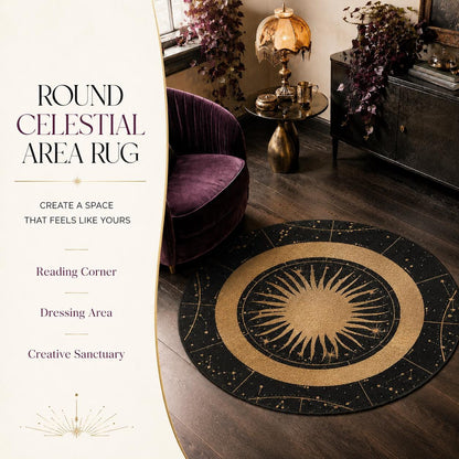 May include: A round area rug featuring a black background with a central gold sunburst design surrounded by a ring of gold celestial constellations and stars. The text on the left reads ROUND CELESTIAL AREA RUG, CREATE A SPACE THAT FEELS LIKE YOURS.