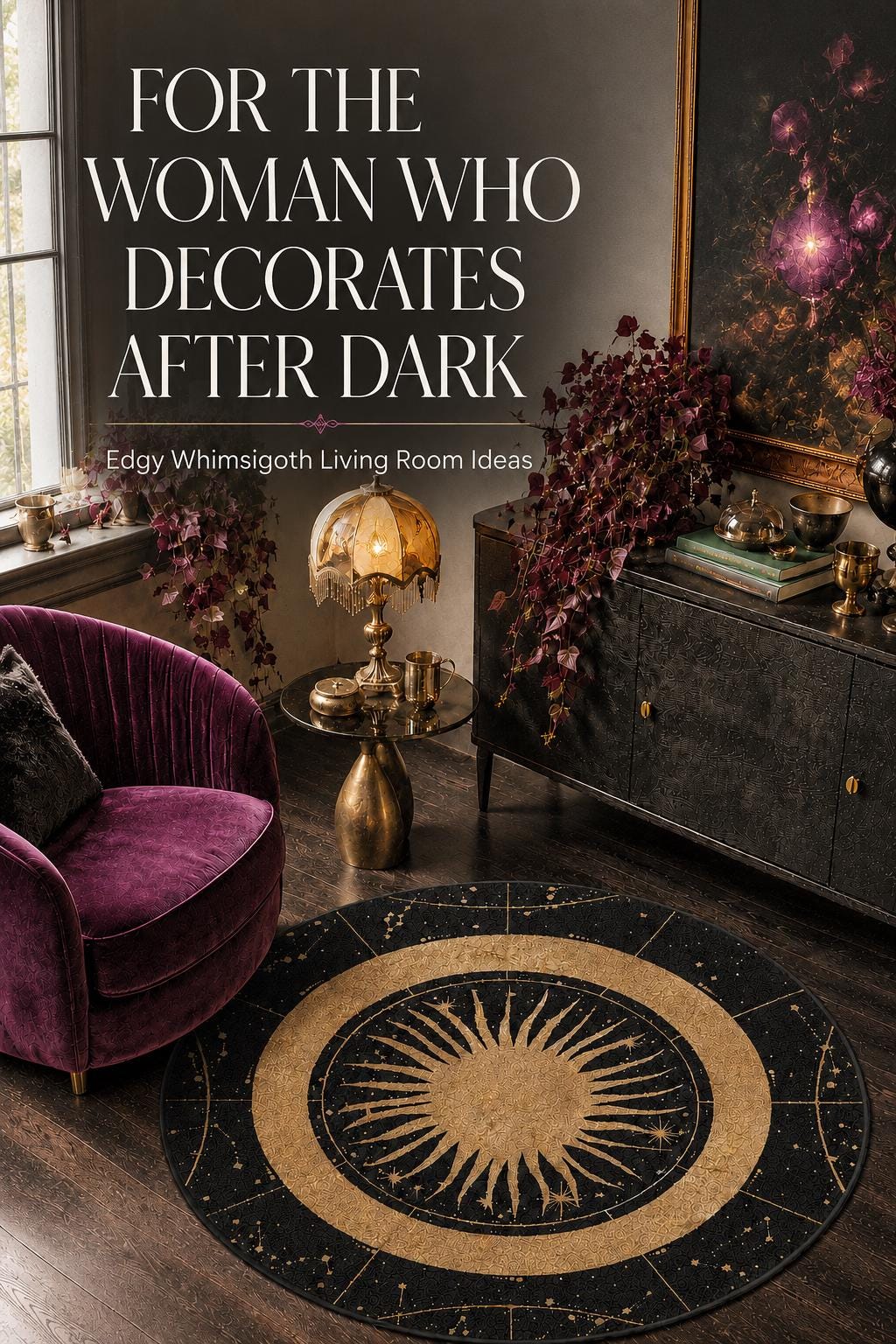 May include: A round black rug with a gold sun and celestial pattern, a purple velvet armchair, a brass lamp with a fringed shade, and a dark textured sideboard. Text reads: FOR THE WOMAN WHO DECORATES AFTER DARK Edgy Whimsigoth Living Room Ideas.