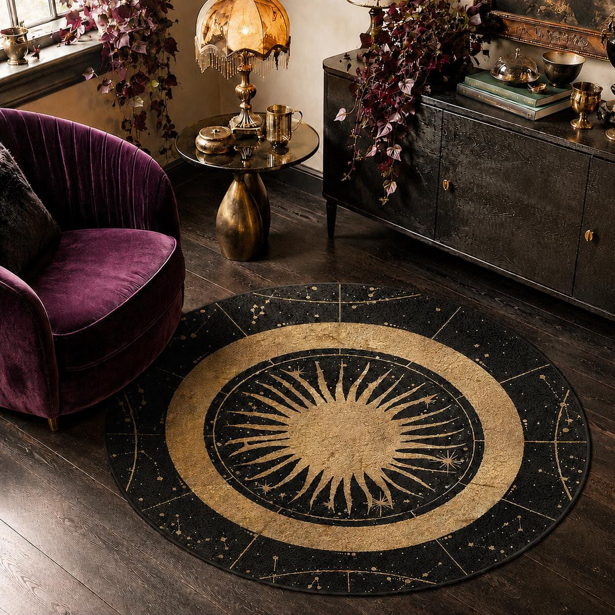 May include: A circular area rug featuring a central gold sun motif with radiating rays, surrounded by a black border decorated with gold celestial patterns, including stars and constellations, arranged in a radial design on a dark floor.