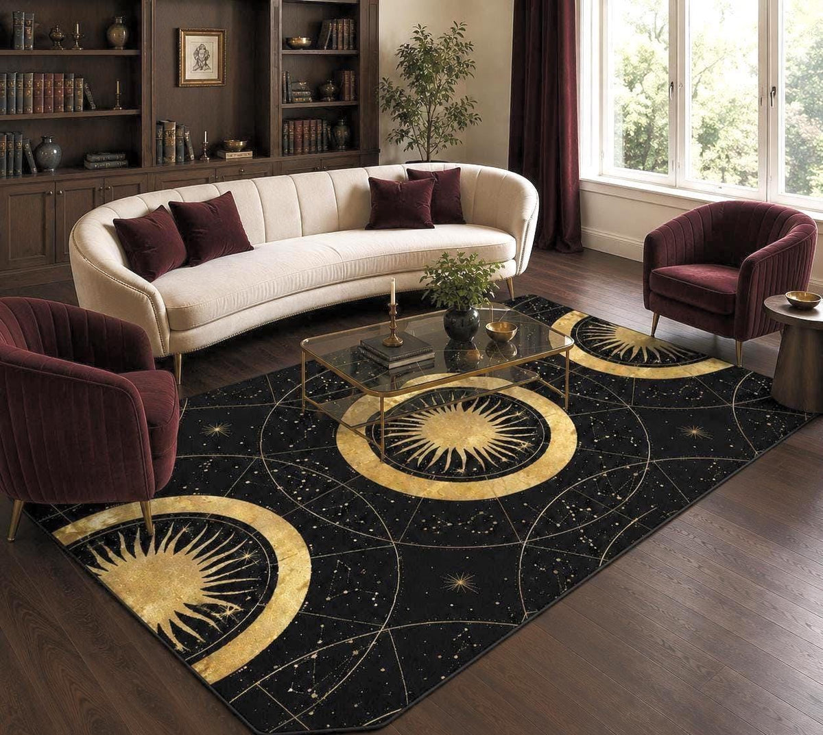 May include: A rectangular area rug featuring a black background with gold celestial motifs, including suns, stars, and constellations. The design incorporates geometric circular patterns and thin white lines that connect the various star formations.