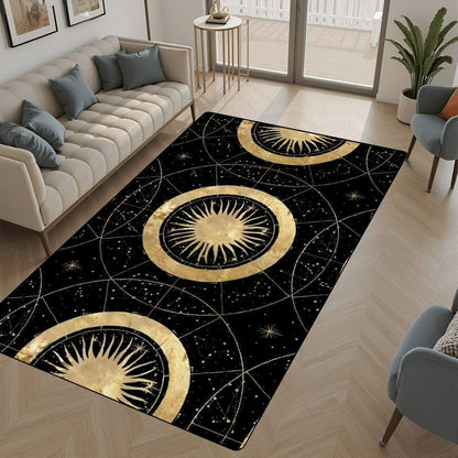 Black and Gold Celestial Wide Runner Rug | Boho Sunburst Mandala Hallway Rug | Witchy Whimsigoth Decor | Multiple Sizes Floor Carpet