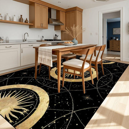 Black and Gold Celestial Wide Runner Rug | Boho Sunburst Mandala Hallway Rug | Witchy Whimsigoth Decor | Multiple Sizes Floor Carpet