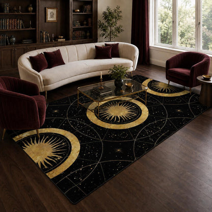 May include: A rectangular area rug featuring a black background with gold celestial motifs, including suns and constellations. The design consists of repeating circular patterns with radiating sun rays and thin lines connecting star-like points across the surface.