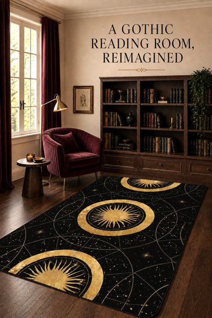 May include: A rectangular area rug featuring a black background with gold celestial patterns, including sun motifs and star constellations. The text A GOTHIC READING ROOM, REIMAGINED is visible on the wall above a dark wooden bookshelf and chair.