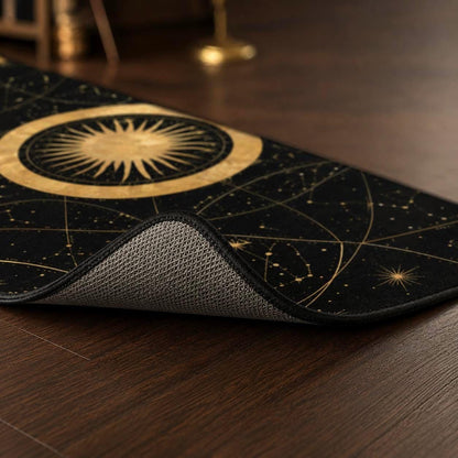 May include: A black rectangular runner rug featuring a gold celestial print of a central sun surrounded by stars and constellations. The rug has a black fabric border and a textured gray underside visible where the corner is folded over.
