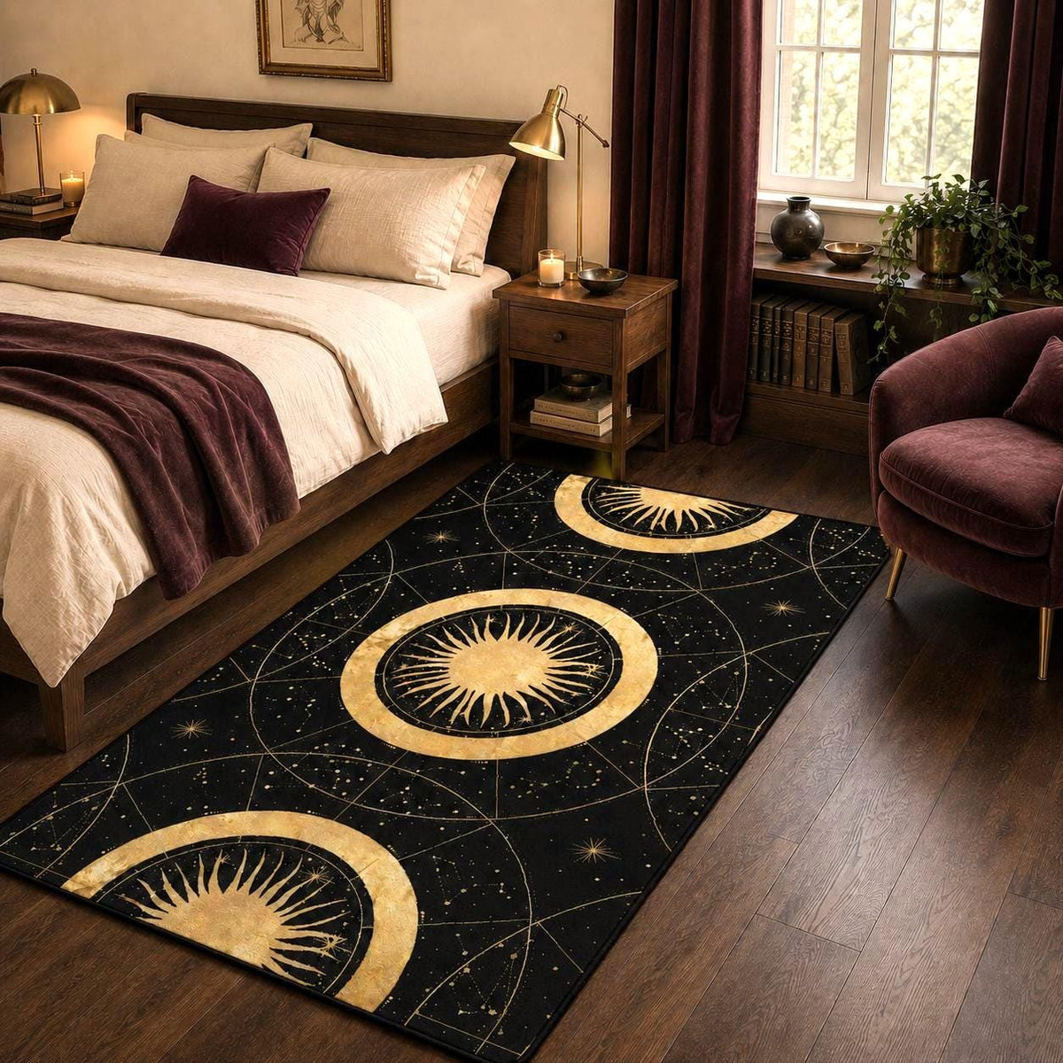 May include: A rectangular area rug featuring a black background with gold celestial motifs, including three large suns arranged in a vertical line, surrounded by intricate star charts, constellations, and thin geometric lines across the surface.