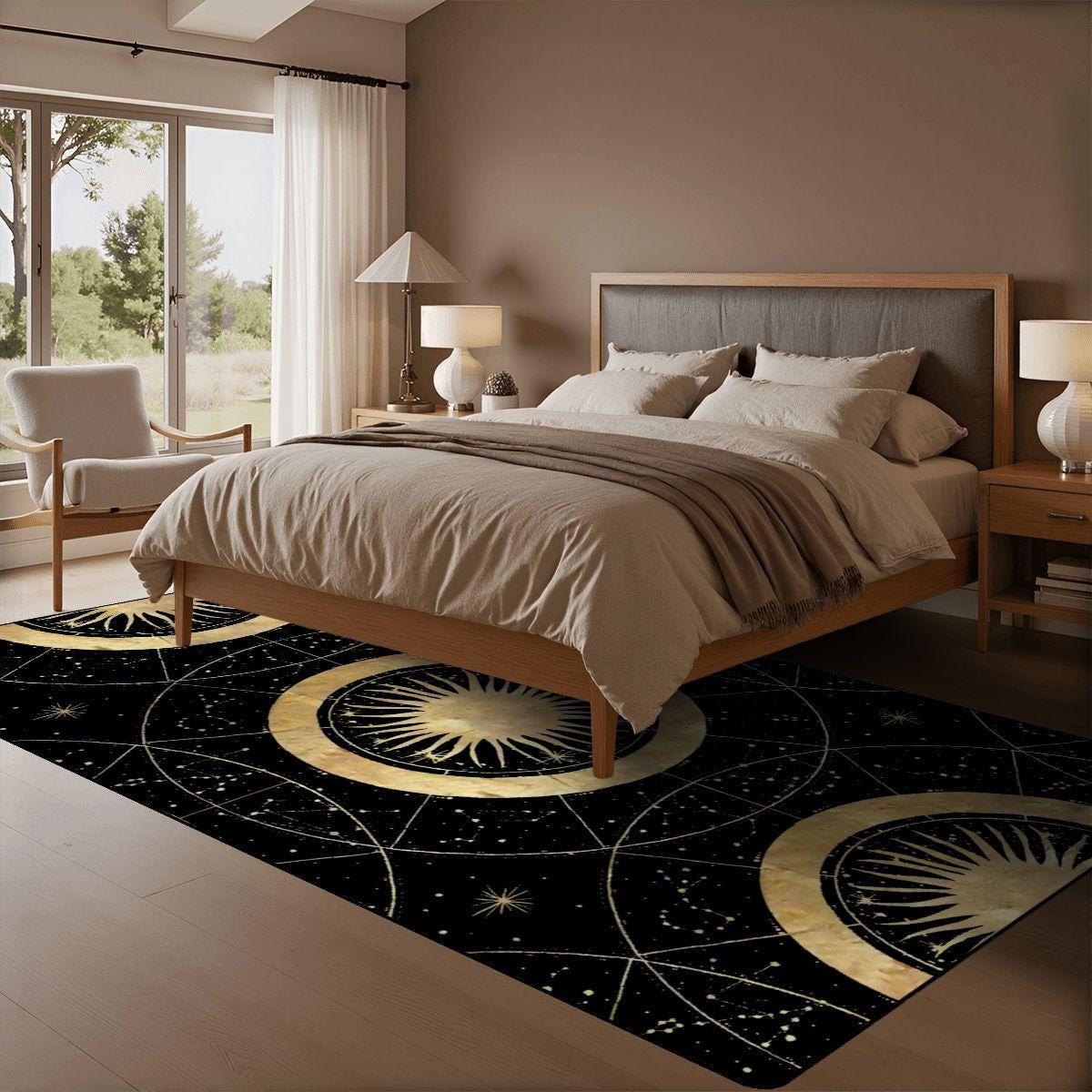 Black and Gold Celestial Wide Runner Rug | Boho Sunburst Mandala Hallway Rug | Witchy Whimsigoth Decor | Multiple Sizes Floor Carpet