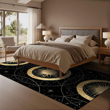 Black and Gold Celestial Wide Runner Rug | Boho Sunburst Mandala Hallway Rug | Witchy Whimsigoth Decor | Multiple Sizes Floor Carpet