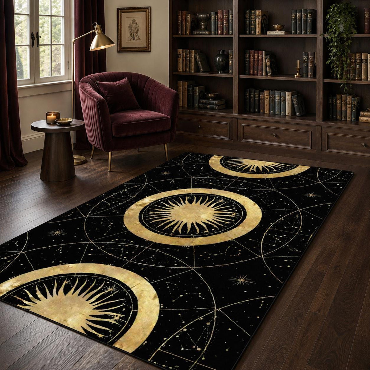 May include: A rectangular area rug featuring a black background with a gold celestial pattern. The design includes large circular sun motifs with radiating rays, interconnected by thin lines, geometric shapes, and small star constellations.