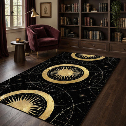 May include: A rectangular area rug featuring a black background with a gold celestial pattern. The design includes large circular sun motifs with radiating rays, interconnected by thin lines, geometric shapes, and small star constellations.
