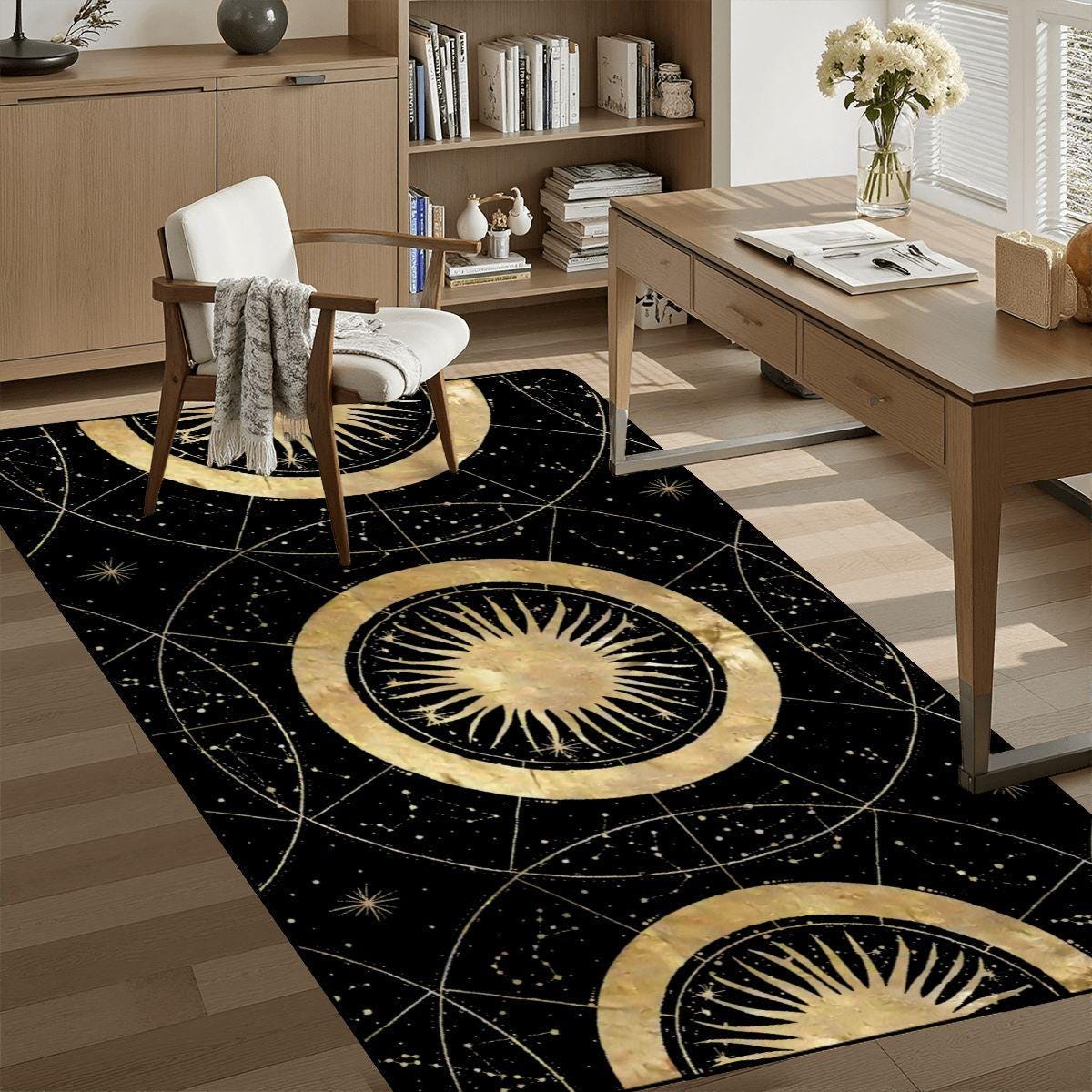 Black and Gold Celestial Wide Runner Rug | Boho Sunburst Mandala Hallway Rug | Witchy Whimsigoth Decor | Multiple Sizes Floor Carpet