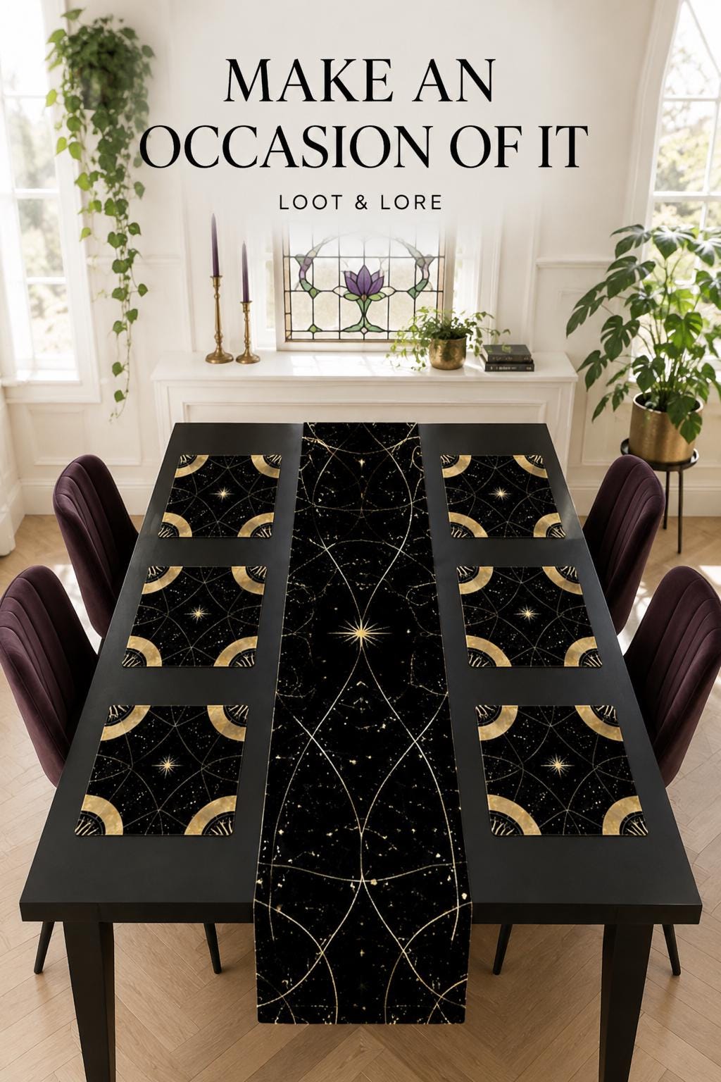 May include: A black table runner and six matching placemats featuring a gold celestial pattern of stars and curved lines. The text "MAKE AN OCCASION OF IT" and "LOOT &amp; LORE" is printed above the table setting on a black rectangular surface.