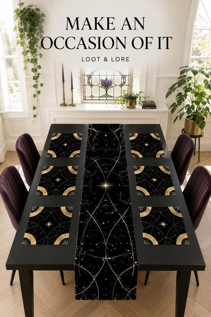 May include: A black table runner and six matching placemats featuring a gold celestial pattern of stars and curved lines. The text "MAKE AN OCCASION OF IT" and "LOOT &amp; LORE" is printed above the table setting on a black rectangular surface.