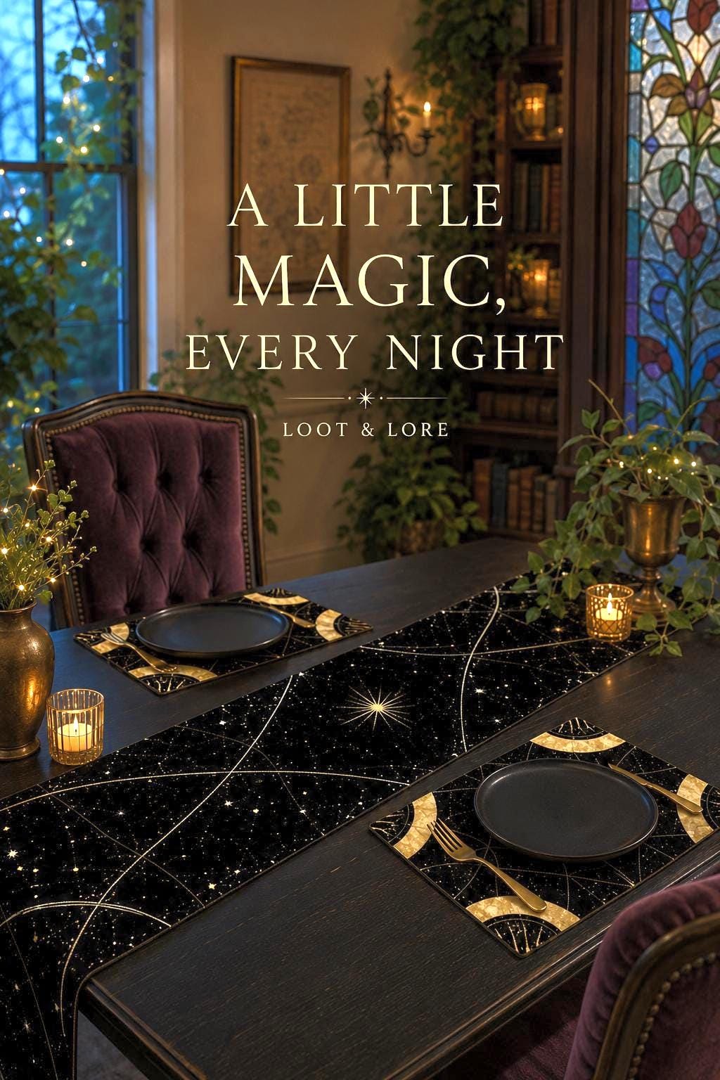 May include: A black table runner and matching placemats featuring a gold celestial star and constellation pattern. The set is arranged on a dark table with black plates, gold forks, and small glass candle holders. Text reads A LITTLE MAGIC, EVERY NIGHT.