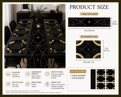 May include: A black table runner and six placemats featuring a gold celestial star and constellation pattern. The runner measures 13 inches by 70 inches, and each placemat measures 13 inches by 18 inches. The set includes one runner and six mats.