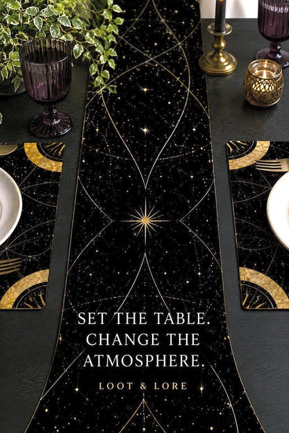 May include: A black table runner and matching placemats featuring a gold celestial star pattern with thin geometric lines. The text reads: SET THE TABLE. CHANGE THE ATMOSPHERE. LOOT &amp; LORE. The design includes gold sunbursts and scattered stars.