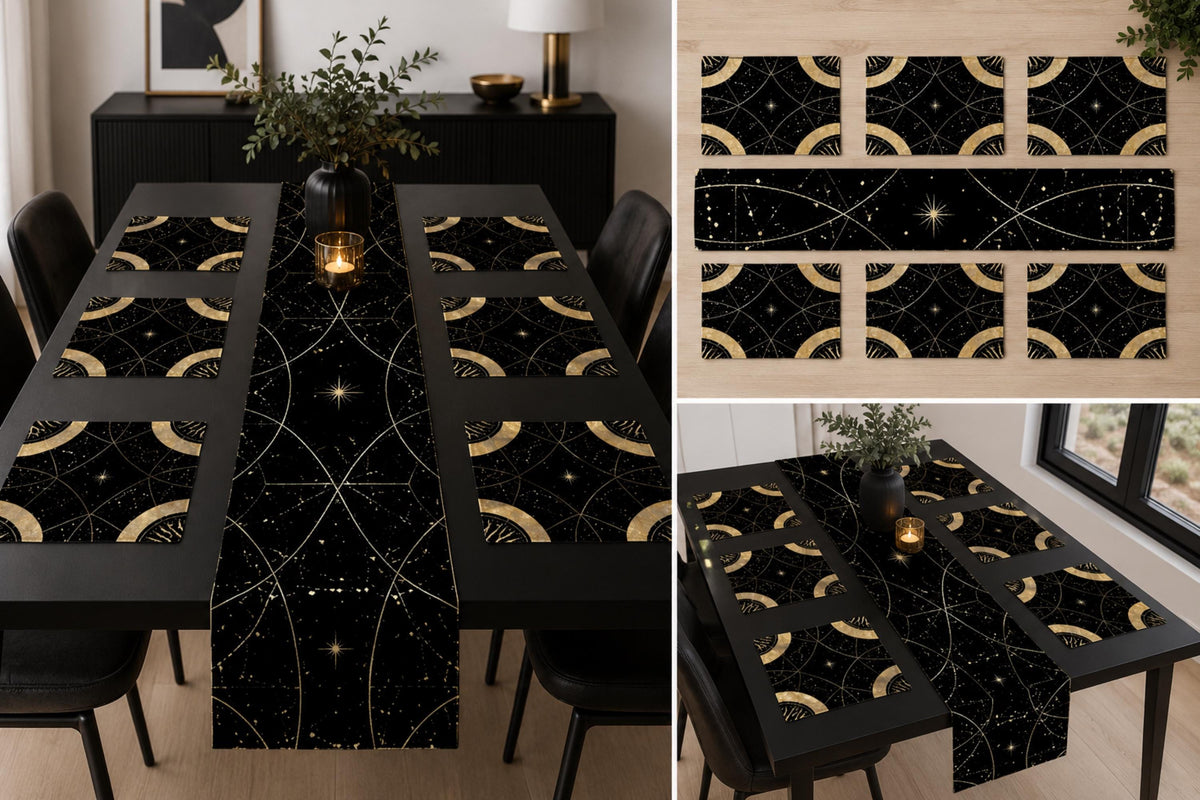 May include: A black table runner and six matching placemats featuring a gold celestial pattern with stars, constellations, and geometric arcs. The set includes a long rectangular runner and six square placemats, all displaying a consistent cosmic design.
