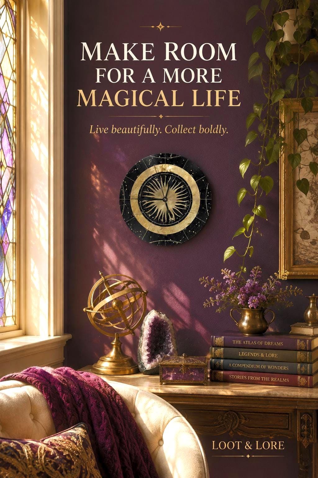 May include: A round wall clock with a black and gold sunburst design hangs on a dark purple wall above a table. The text reads: MAKE ROOM FOR A MORE MAGICAL LIFE, Live beautifully. Collect boldly. LOOT &amp; LORE, THE ATLAS OF DREAMS, LEGENDS &amp; LORE, A COMPENDIUM OF WONDERS, STORIES FROM THE REALMS.