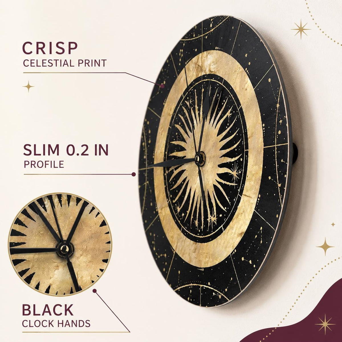 May include: A round wall clock featuring a black and gold celestial sun design with thin black clock hands. The clock has a slim 0.2 inch profile and a crisp celestial print. The design includes golden sun rays and star patterns on a black background.