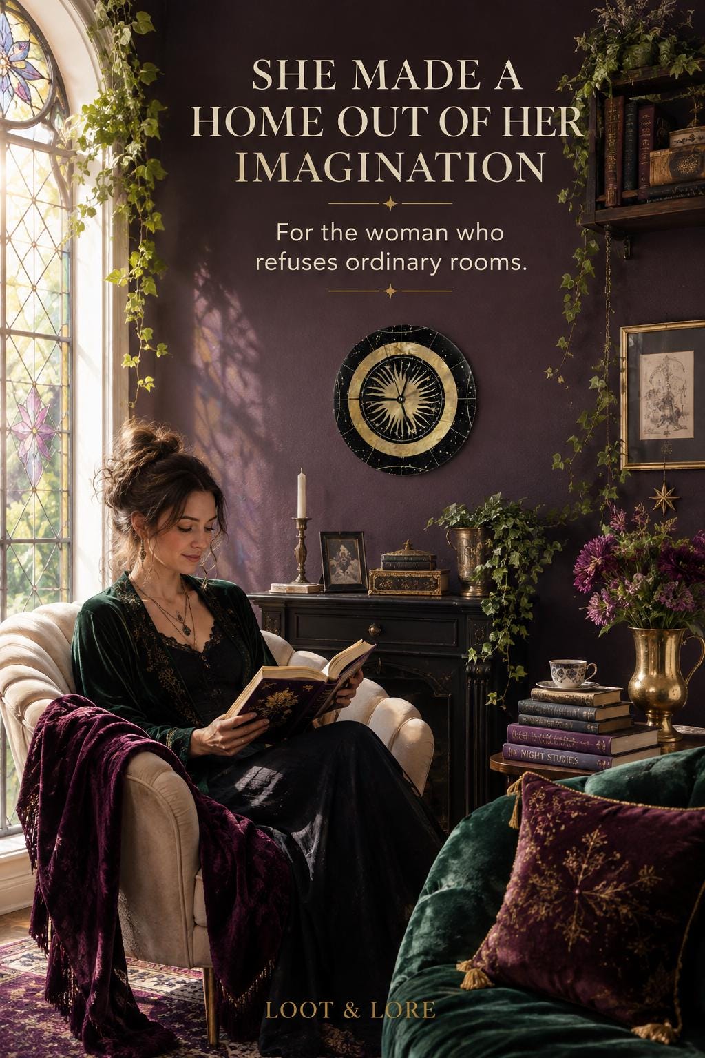 May include: A dark purple room featuring a round black and gold sunburst wall clock, a cream-colored armchair with a dark purple throw blanket, and text reading: SHE MADE A HOME OUT OF HER IMAGINATION. For the woman who refuses ordinary rooms. LOOT &amp; LORE.