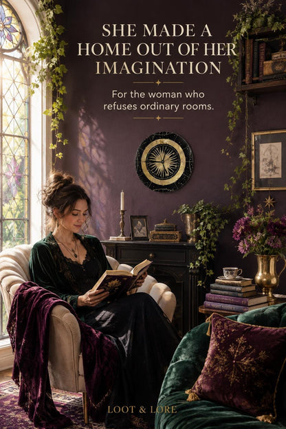 May include: A dark purple room featuring a round black and gold sunburst wall clock, a cream-colored armchair with a dark purple throw blanket, and text reading: SHE MADE A HOME OUT OF HER IMAGINATION. For the woman who refuses ordinary rooms. LOOT &amp; LORE.