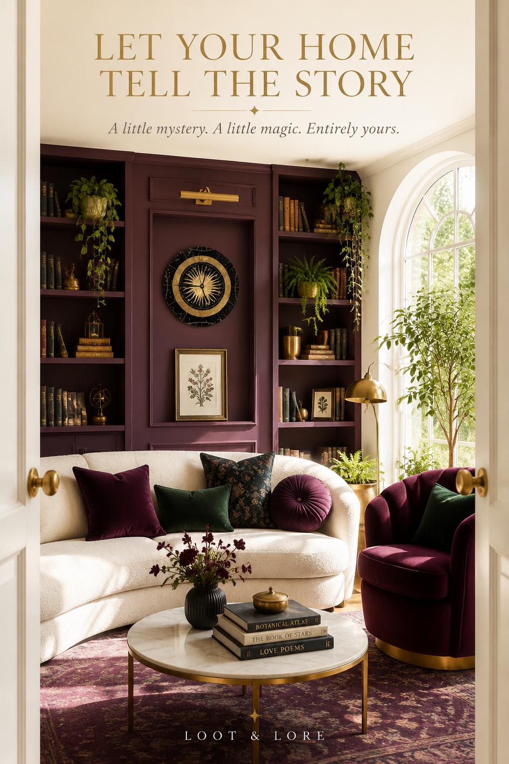 May include: A living room featuring a cream-colored curved sofa with dark purple and green pillows, a round marble coffee table with books titled Botanical Atlas, The Book of Stars, and Love Poems, and a deep purple armchair in a room with dark purple shelves.