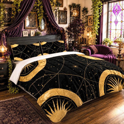 May include: A black comforter set featuring a gold celestial pattern with suns, moons, and stars. The bedding includes a matching pillow sham, all decorated with intricate golden lines and cosmic motifs against a dark background, creating a bold look.
